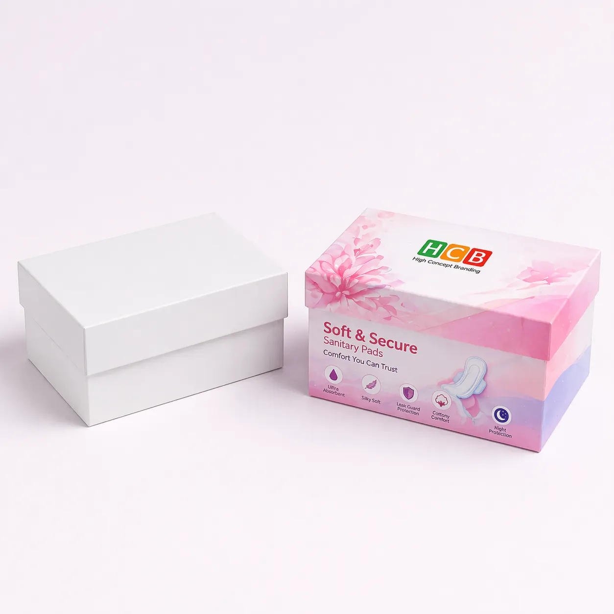 Two closed cardboard boxes, one plain white and one with pink floral designs and branding. class=